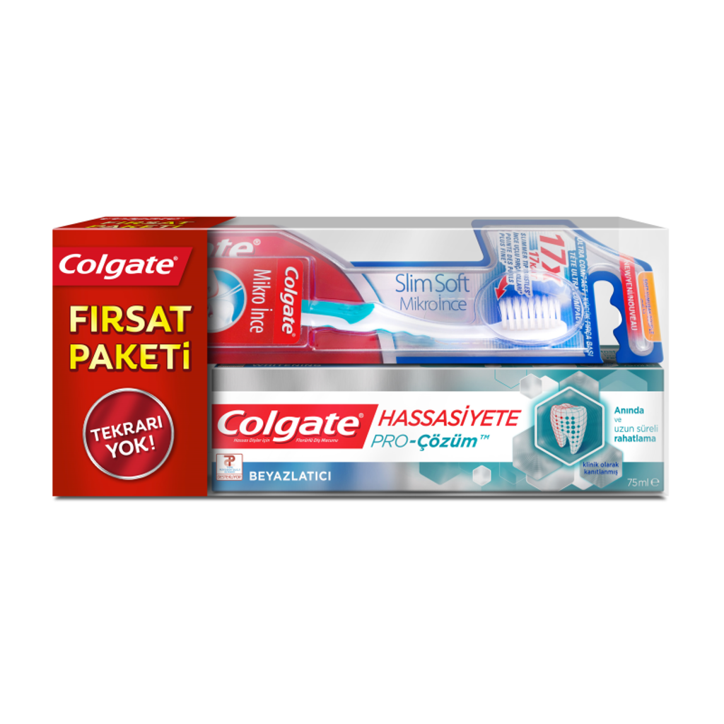 Colgate Hassasiyete Pro-Çözüm Beyazlatıcı Diş Macunu 75 ml + Slim Soft Mikro İnce Diş Fırçası Fırsat Paketi