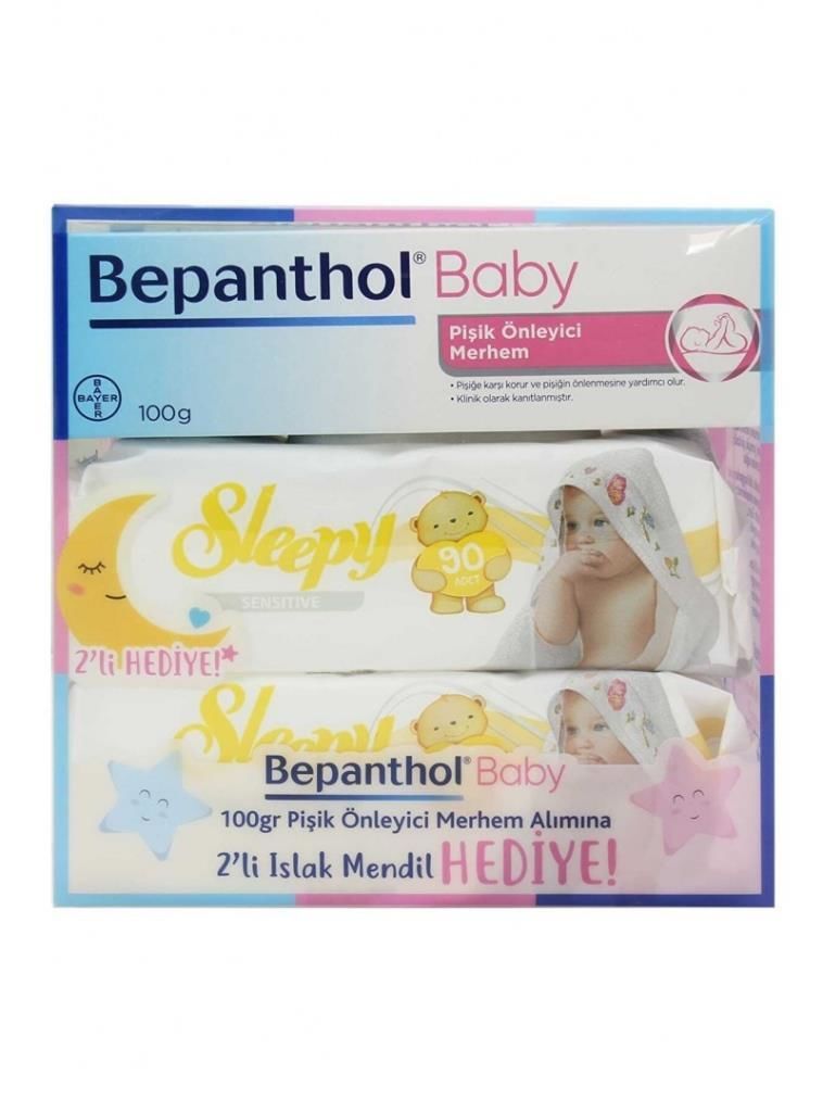 Bepanthol Baby Pişik Önleyici Merhem 100 Gr + 2 Paket Sleepy Sensitive Islak Havlu 90'lı Hediye