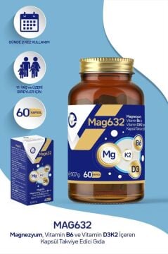 EvoPharma Mag632 Magnezyum Malat, Magnezyum Sitrat, Vitamin B6 (P-5-P), D3k2 Vitamini 60 Kapsül