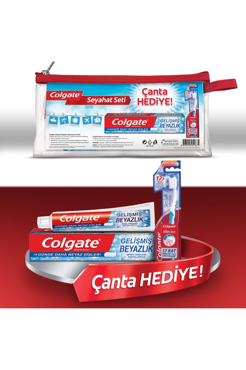 Colgate Gelişmiş Beyazlık Diş Macun 75 ml + Colgate Slim Soft Mikro İnce Diş Fırçası Seyahat Seti